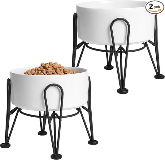 Elevated Dog Bowls, Ceramic Raised Dog Bowl Set with Anti-Slip and Non-Tip Metal Stand, 2 Pack Pet Food and Water Feeding Bowls for Small and Medium Dogs (White,3.6 Cups) by Kitwinney