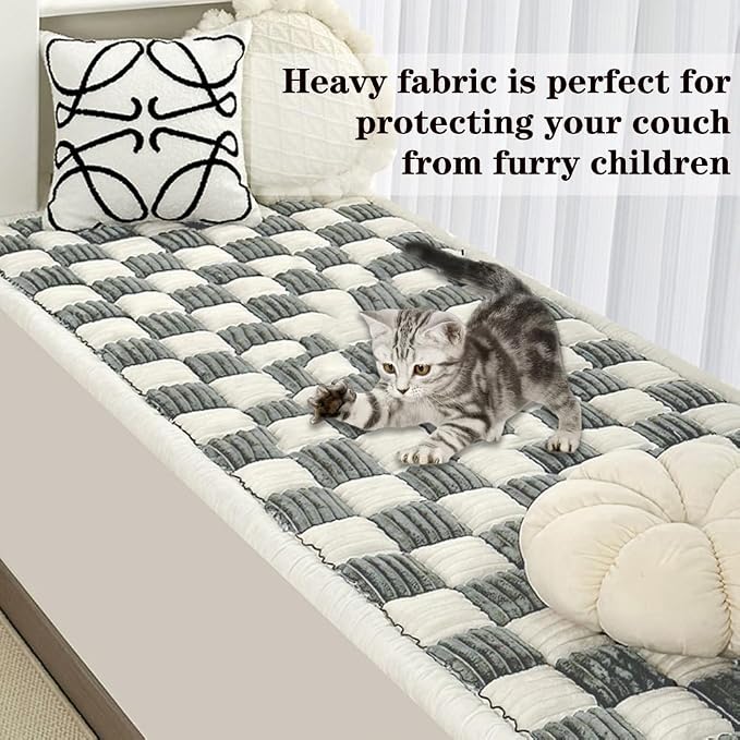 Fuzzy Chic Cotton Protective Couch Cover,Machine Washable & Non-Slip Pet Mat Bed Couch Cover,Garden Sofa Cover Cream-Coloured Plaid Pet Mat for Most Cats Dogs,Pets (gray blue, 27.6*82.7inch) - Image 4