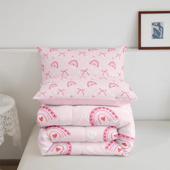 Manfei Pink Love Rainbow Comforter Set King Size,Princess Bow Ribbon Bow-tie Dreamy Bedding Set 3 Pcs for Girls Women,Kawaii Hearts Stars Watercolor Comforter,Pink Duvet Insert,2 Pillowcases - Image 6