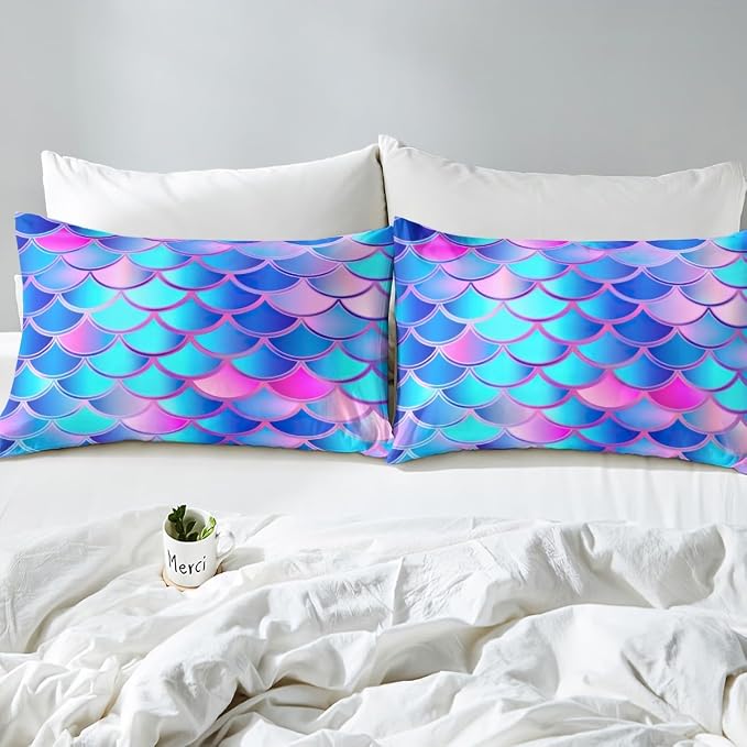 Mermaid Scale Bed Sheet Set Fish Scales Bedding Sea Underwater World Sheet Set for Kids Girls Ocean Marine Theme Fanstry Bedroom Decor Dreamy Bedding Set,Fitted Sheet & Flat Sheet & 2 Pillowcase,Queen - Image 4