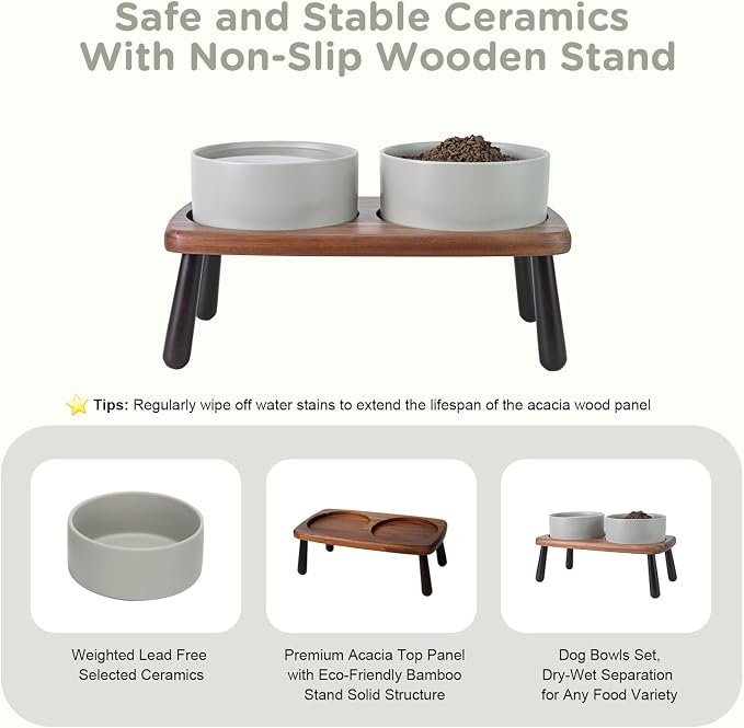 SPUNKYJUNKY Ceramic Elevated Dog Bowls Raised with Acacia Bamboo Wooden Stand, 6.1'' Dog and Cat Food Water Bowls Set Non-Slip for Small Medium Sized Breed Microwave Dishwasher Safe - 28.7 OZ,Grey - Image 5