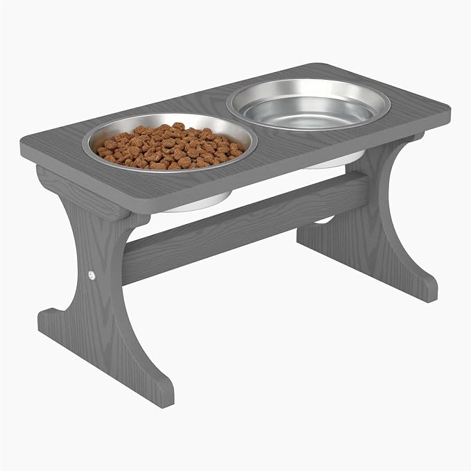 Raised Dog Bowl Stand for Medium Sized Breed, Feeding Station with 35 oz 2 Stainless Steel Bowls & Licking Plate,Dog Food Bowl Gray by KETOYARK