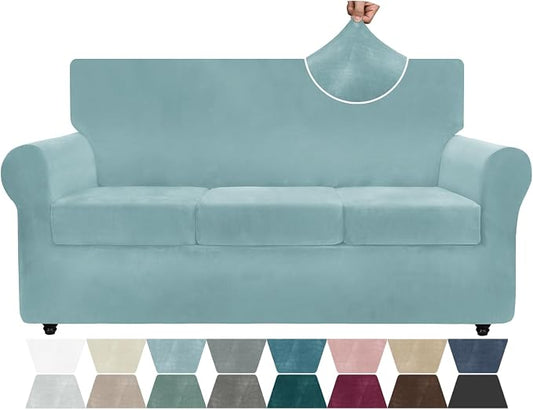 ZNSAYOTX Luxury Velvet Couch Cover 4 Piece (72"-92") Stretch Sofa Covers for 3 Cushion Couch Thick Soft Sofa Slipcover with Non Slip Strap, Dog Pet Friendly Nice Furniture Protector (Stone Blue) by ZNSAYOTX