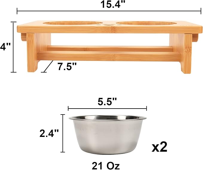 HTB Elevated Dog Bowl Stand with 2 Stainless Steel Bowls-4" H Small Bamboo | Raised Dog Bowl Stand, 4"tall, 21 Oz Bowls, for Small Sized Dogs, Pet-safe, Solid Bamboo - Image 5