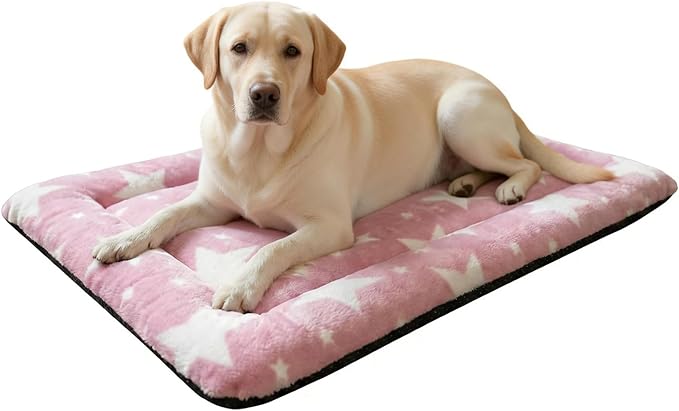 Washable Dog Bed Mat With Anti-Slip Bottom, Deluxe Plush Memory Foam Crate Pad & Waterproof Outdoor Kennel Mat For Dogs & Cats-Durable Crates Beds, Large Medium Small Puppy Size 36" x 24",pink by Unknown