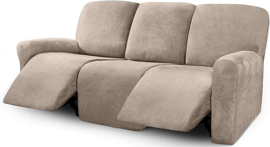 ULTICOR Velvet 8-Pieces Recliner Sofa Covers Stretch Reclining Couch Covers for 3 Cushion Reclining Sofa Slipcovers Furniture Covers Thick Soft Washable (3 Seater Recliner Cover, Taupe) by ULTICOR