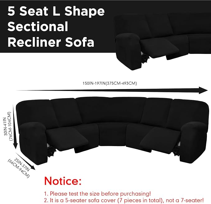 Peryiter 7 Pcs L Shape Sectional Recliner Sofa Covers 5 Seat Sectional Couch Covers Milk Silk Velvet Stretch Reclining Sofa Slipcover Furniture Protector for Living Room(Black,Milk Silk) - Image 3