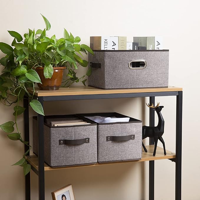 PRANDOM Fodable Storage Baskets for Closet [5-Pack] Decorative Fabric Storage Bins Cubes with Leather/Metal Handles for Shelves Bedroom Living Room Grey (11.5x8.5x6.7 Inch) - Image 3