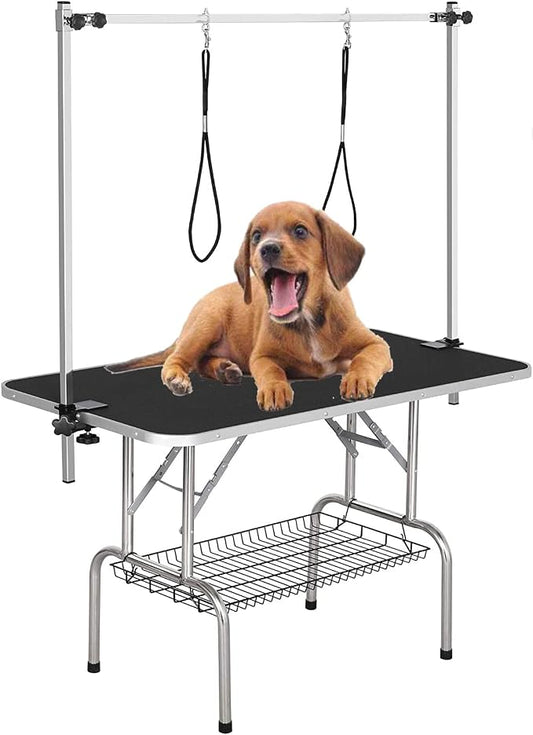 46" Dog Grooming Table Foldable Pet Grooming Tables with Adjustable Arm Noose Storage Mesh Tray Maximum Capacity Up to 330lbs Black by TRODEP