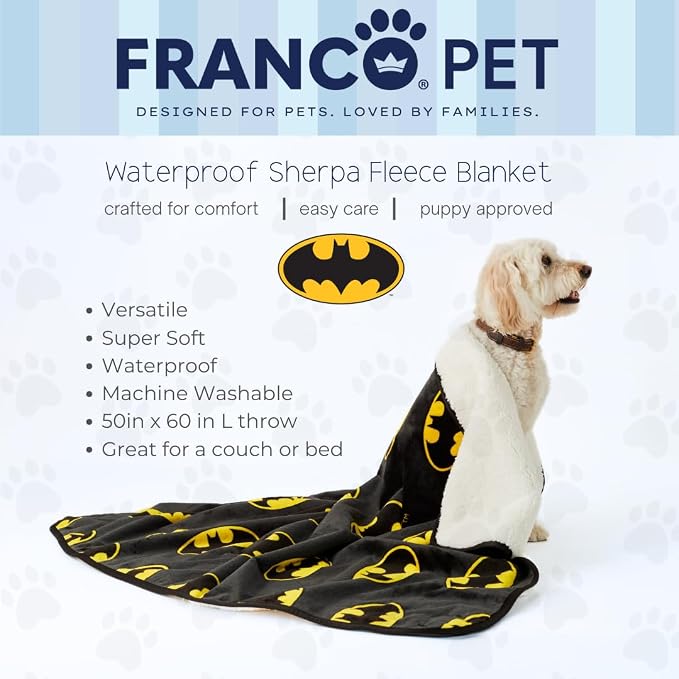 Franco Pet Batman DC Comics Bat Shield Logo Super Soft Cozy Waterproof Sherpa-Backed Blanket Throw for Large Dogs, Couch/Bed/Car, 50x60 (Officially Licensed Product) - Image 2