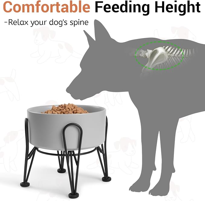 Elevated Dog Bowls, Ceramic Raised Dog Bowl Set with Anti-Slip and Non-Tip Metal Stand, 2 Pack Pet Food and Water Feeding Bowls for Small and Medium Dogs (Gray,3.6 Cups) - Image 2