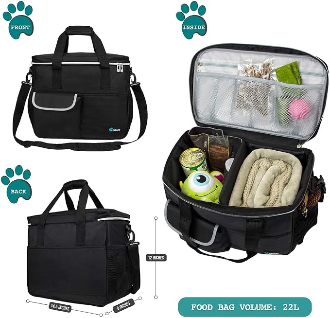 PetAmi Dog Travel Bag Organizer, Pet Travel Kit with 2 Food Containers & 2 Collapsible Dog Bowls, Pet Supplies Tote with Luggage Sleeve, Weekend Road Trip Camping Essentials, Black, Medium - Image 2