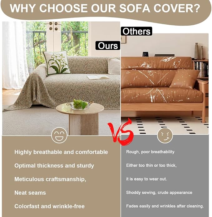 ROOMLIFE Boho Beige Couch Cover for Dogs, Washable Non Slip Furniture Protector Couch Sofa Covers for 3 Cushion Couch, Soft Chenille Couch Cover Throw Blanket with Tassels 71''X134'' - Image 3