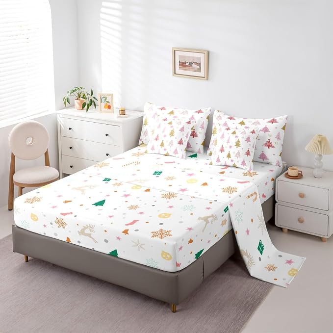 Erosebridal Merry Christmas Bedding Set King Cartoon Pink Christmas Comforter Set 7 Piece Kids Cute Xmas Tree Bed in A Bag for Adults Winter New Year Gift Quilt with Flat Fitted Sheet - Image 5