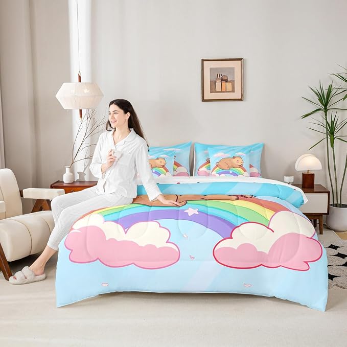 Erosebridal Kids Cute Capybara 7-Piece Bedding Set Full Size, Rainbow Comforter Set with Sheets for Bedroom, Kawaii Aninal Bed in A Bag, Cartoon Cloud Bedroom Decor - Image 6