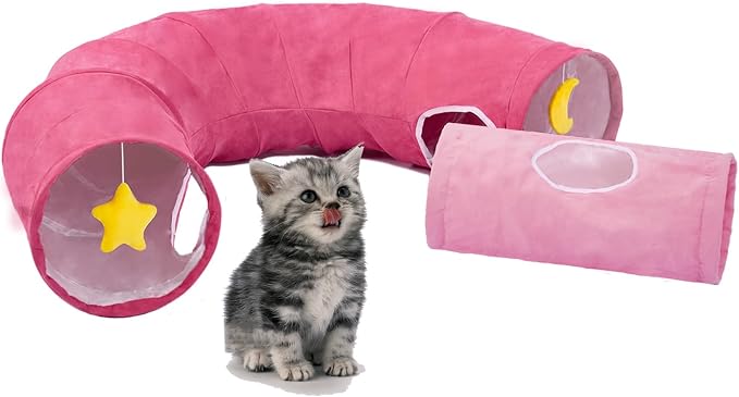 Cat Tunnel, Large Indoor Durable Collapsible Interactive Cat Tube with Peek-A-Boo Hole, Hanging Toys, and Crinkly Paper Lining - Cute Tunnel for Cats, Kittens, Puppies & Rabbits, Pink - Image 2