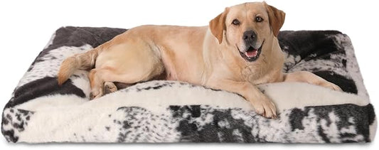 Bedfolks Waterproof Kennel Pad,Plush Dog Crate Bed with Removable, Washable Faux Fur Cover for Extra Large Dogs, Fluffy - 41"x27", Black-White Cowhide by Bedfolks