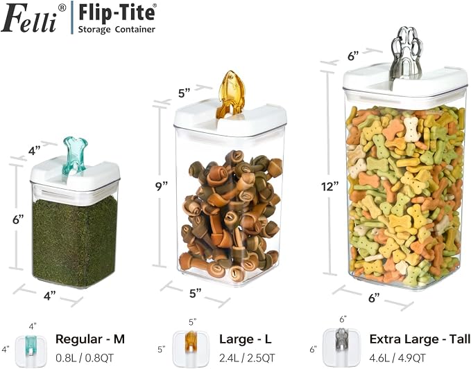 Felli Flip Tite Pet Food Container with Airtight Lids, BPA FREE Acrylic Canister with Paw Bone Fish Flip Top Handles for Cat Dog Kibble Treats Storage, Keep Fresh (Pet Collection Nest-L3pk) - Image 3