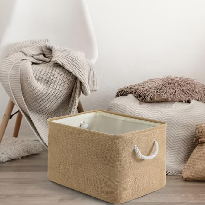 Organization and Storage Basket for Organizing - 17X15X12 inch 2 Pack Collapsible Baskets for Shelves, Fabric Storage Cubes with Rope, Storage Box for Cloth Decorative Gift (Beige) - Image 3