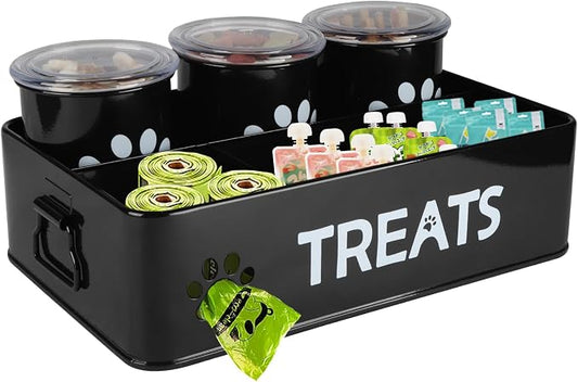 28oz Metal Dog Treat Container Set of 3,Dog Treat Jars with Airtight Lids,Cat Treat Jar,Dog Treat Canister for Countertop,Coated Galvanized Steel Dog Treats Station-Black by Brabtod