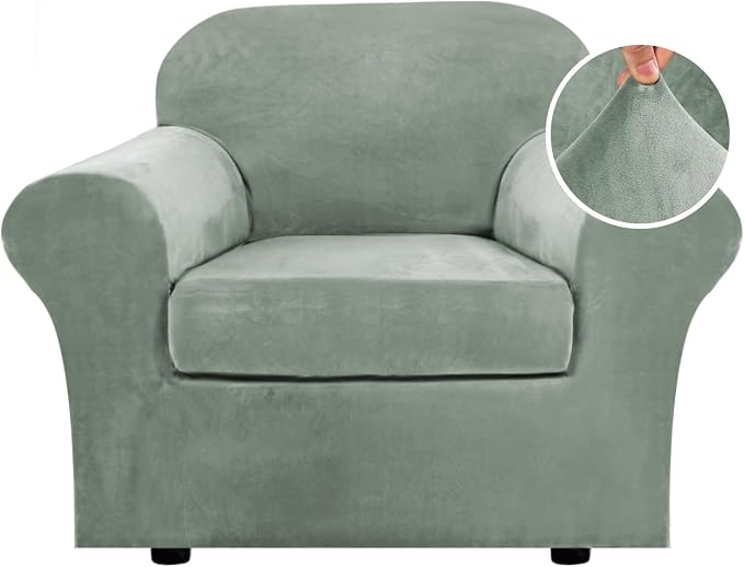 H.VERSAILTEX Rich Velvet Stretch 2 Piece Cover Chair Slipcover Sofa Cover Furniture Protector Couch Soft with Elastic Bottom Chair Couch Cover with Arms Width Up to 49 Inch(Chair, Sea Grass) by HVERSAILTEX