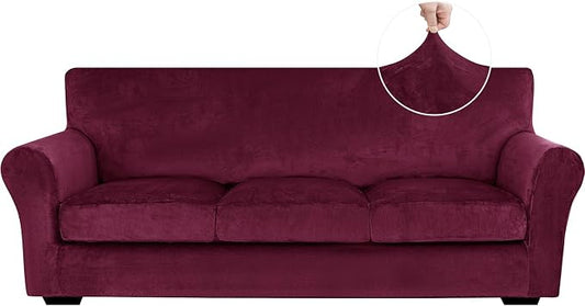 XINEAGE 4-Piece Velvet Sofa Cover,Couch Covers for Dog,Wine Red | 3 Cushion Sofa,Stretch Non-slip Elastic, Pet-friendly, Washable, Fast Setup, Soft Plush Fabric, Furniture Protector. by XINEAGE