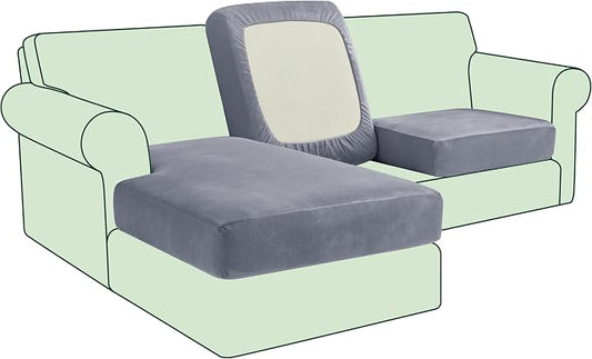 CHUN YI Velvet Couch Cushion Covers, 3 PC Water Resistant Sectional Couch Covers for L Shape Sofa, Individual Seat Cushion Protector for Pets (2 Seater + 1 Chaise, Grey) by CHUNYI