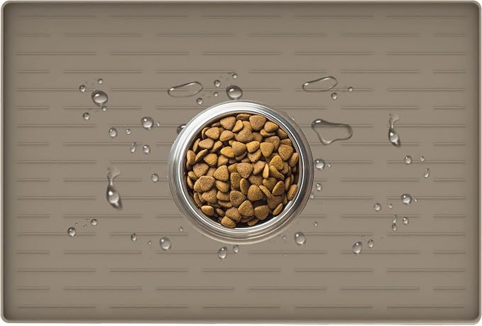 24" x 16" Dog Food Mat, Silicone Pet Mats for Food and Water, Nonslip Pet Feeding Mats for Floors, Dog Cat Bowl Mat with Raised Edges, Light Brown by WelcometoULTIBE