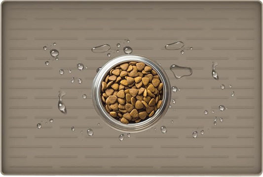 24" x 16" Dog Food Mat, Silicone Pet Mats for Food and Water, Nonslip Pet Feeding Mats for Floors, Dog Cat Bowl Mat with Raised Edges, Light Brown by WelcometoULTIBE