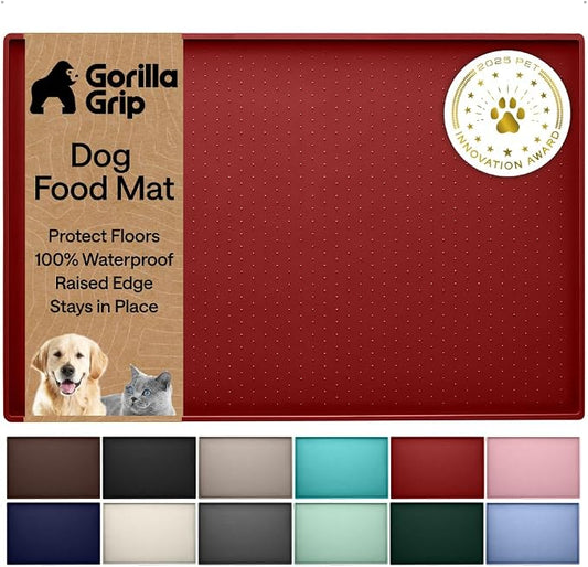 GORILLA GRIP 100% Waterproof Raised Edge BPA Free Silicone Pet Feeding Mat, Dog Cat Food Mats Contain Spills Protects Floors, Placemats for Cats and Dogs Water Bowl, Pets Accessories 26x17 Red by Unknown