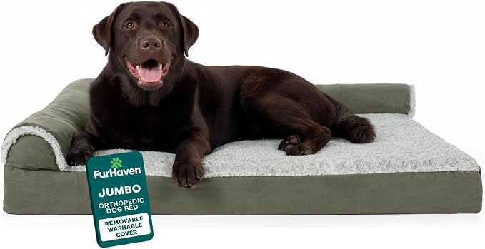 FurHaven Orthopedic Dog Bed for Large Dogs, L-Shaped Chaise Mattress with Orthopedic Egg Crate & Solid Orthopedic Foam Base for Joint Support, Washable Cover, Jumbo XL, Faux Fur & Suede, Dark Sage by FurHaven