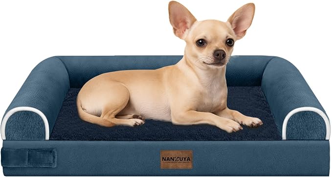 NANUYA Orthopedic Dog Bed for Small Dogs, 24 x 16 Inch, Navy Blue | Egg crate foam for joint support, 3-sided bolster pet sofa, waterproof lining, washable cover, and non-skid base by Nanuya
