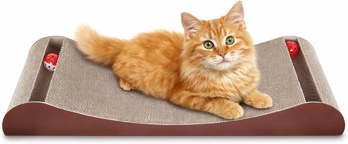 Simple Delxue Cat Scratcher Cardboard Lounge Bed with Bell Ball Toy, 30 Inches Large Horizontal Cat Scratcher Pad, 100% Recyclable & Reversible Durable Cardboard Scratching Board for Indoor Cats by SimpleDeluxe
