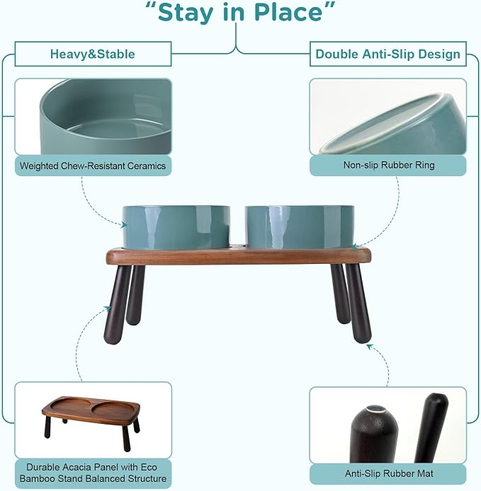 SPUNKYJUNKY Ceramic Elevated Dog Bowls Raised with Acacia Bamboo Wooden Stand, 6.1'' Dog Cat Food Water Bowls Set Non-Slip for Small Medium Sized Breed Microwave Dishwasher Safe - 28.7 OZ,Dark Green - Image 4