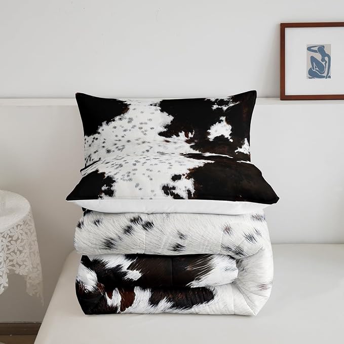 Cow Fur Comforter Set King Size,White Black Brown Cowhide Bedding Set 3pcs for Kids Boys Girls Teens Bedroom Decor,Animal Skin Print Quilt Set Rustic Farmhouse Cow Print Duvet Set,2 Pillowcases - Image 6