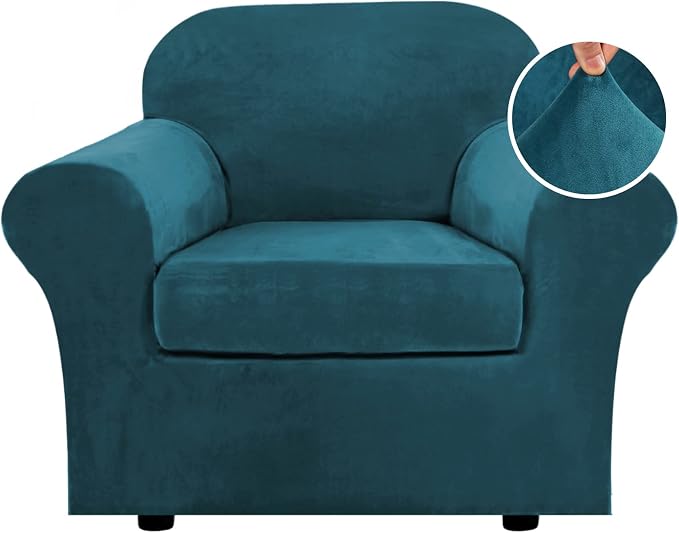 H.VERSAILTEX Rich Velvet Stretch 2 Piece Cover Chair Slipcover Sofa Cover Furniture Protector Couch Soft with Elastic Bottom Chair Couch Cover with Arms Width Up to 49 Inch(Chair, Deep Teal) by HVERSAILTEX
