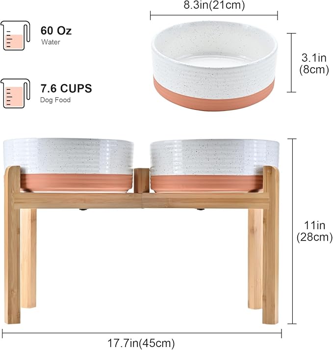 SPUNKYJUNKY Elevated Dog Bowls Ceramic, 8.3'' Dogs Food Water Bowls Raised with Non-Slip Bamboo Stand for Large Sized Breed Microwave Dishwasher Safe - 60 OZ,Pattern White - Image 2