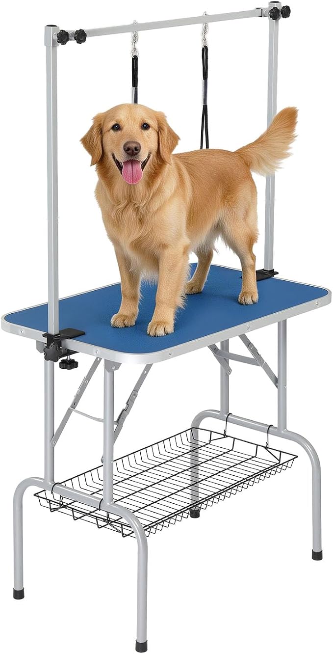 VINGLI Dog Grooming Table, Adjustable Cat Grooming Desktop with Arms and Storage Basket, Pet Grooming Stand at Home (Blue, 32 inch) by VINGLI