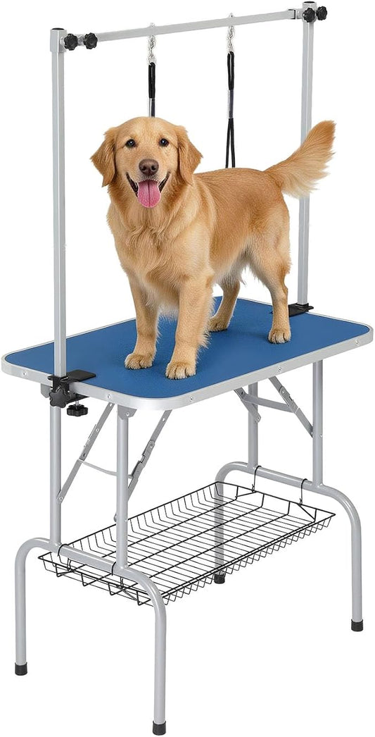 VINGLI Dog Grooming Table, Adjustable Cat Grooming Desktop with Arms and Storage Basket, Pet Grooming Stand at Home (Blue, 32 inch) by VINGLI
