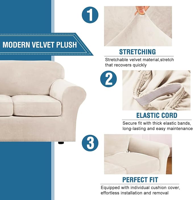 H.VERSAILTEX High Stretch Sofa Slipcover 4 Piece Cover Velvet Furniture Protector Form Fit Thick Velvet Extra Large Sofa Cover for 3 Cushion Couch Width Up to 97 Inch (Large Sofa, Cream) - Image 3