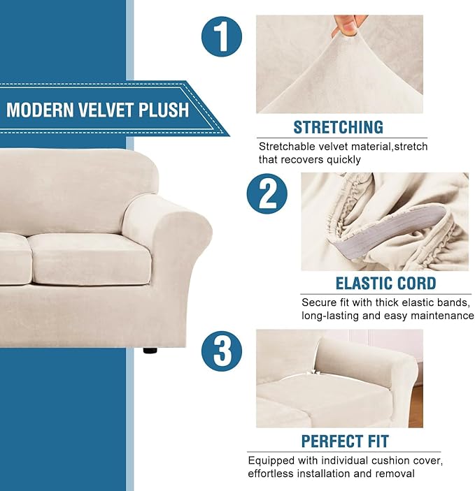 H.VERSAILTEX Real Velvet Plush 3 Piece Stretch Sofa Covers Couch Covers for 2 Cushion Couch Sofa Slipcovers Width Up to 90 Inch Feature Thick Soft Stay in Place (Sofa, Cream) - Image 3