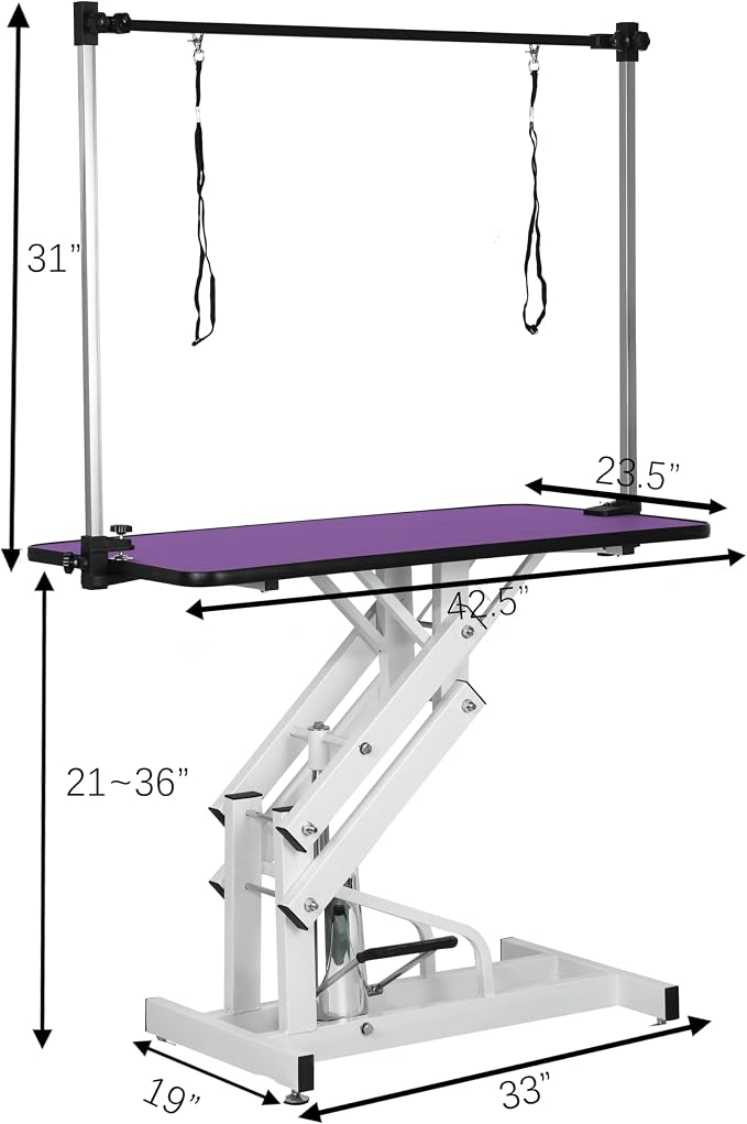 Hydraulic Dog Pet Grooming Table, 42 Inch Heavy Duty Professional Pet Grooming Station 21'' -36'' Height Adjustable for Large Dog at Home with Adjustable Overhead Arm, Clamp and Grooming Noose, Purple - Image 2