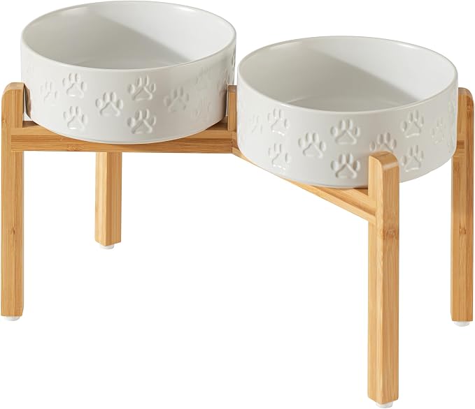 Elevated Ceramic Dog Bowl Set, Anti-Skid Bamboo Stand, White, 8.3 inch | Food and Water Bowls with Fixed Non-Slip Rubber Ring, Microwave Safe, Easy to Clean, 7.5 Cup per Bowl, for Large Breed Dogs by Unknown
