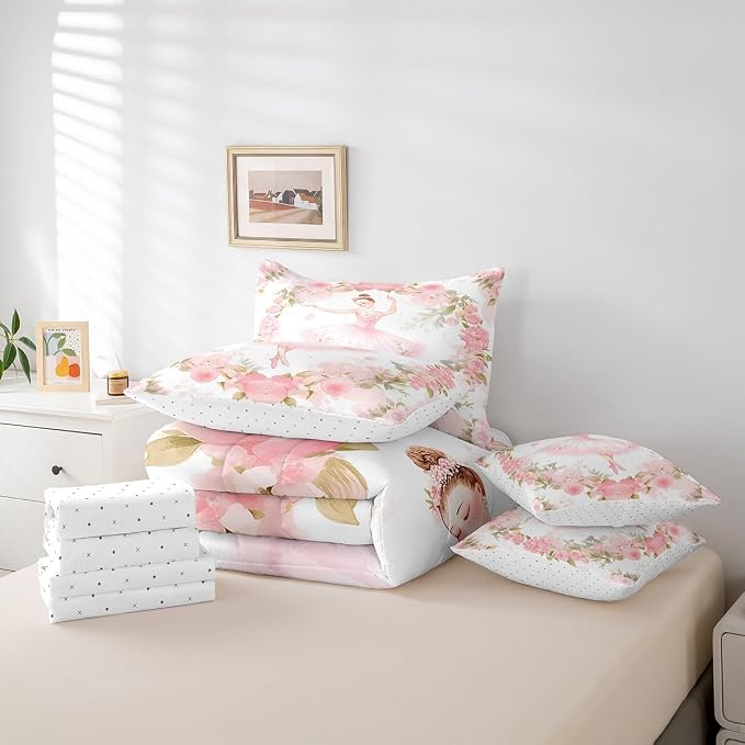 Feelyou Ballet 7 Piece Bedding Set - Full Size Cute Ballet Girls Comforter Set with Sheets for Kids, Teens, Toddler Dancing Girl Bed in a Bag - Pink Rose Bed Set - Image 6
