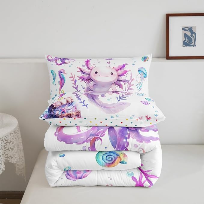 Manfei Cute Axolotl 3 Pcs King Size Comforter Set,Coral Underwater World Down Alternative Adults Bedroom Decor,Kids Salamander Animals Ultra Soft Microfiber Inner Fill 3Pcs Bedding - Image 5