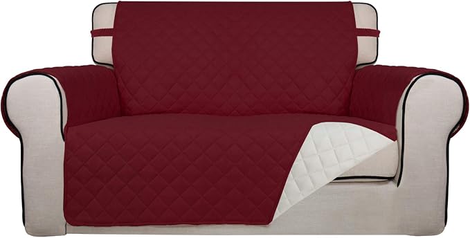 PureFit Reversible Quilted Couch Covers for Dogs Loveseat Sofa Cover 46.5” | Red/Ivory, Water Resistant Couch Protector, Washable Pet Couch Cover with Non Slip and Elastic Straps For Kids by PureFit