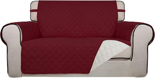PureFit Reversible Quilted Couch Covers for Dogs Loveseat Sofa Cover 46.5” | Red/Ivory, Water Resistant Couch Protector, Washable Pet Couch Cover with Non Slip and Elastic Straps For Kids by PureFit