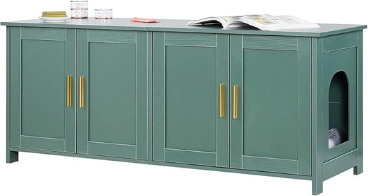 VEVOR Cat Litter Box Enclosure for Multi Cats, 47.2 in Hidden Litter Box Cabinet with 4 Doors & 2 Entries, Indoor Cat Washroom, Wooden Kitty House Furniture Side Table, Fit Most Litterboxes, Green by VEVOR