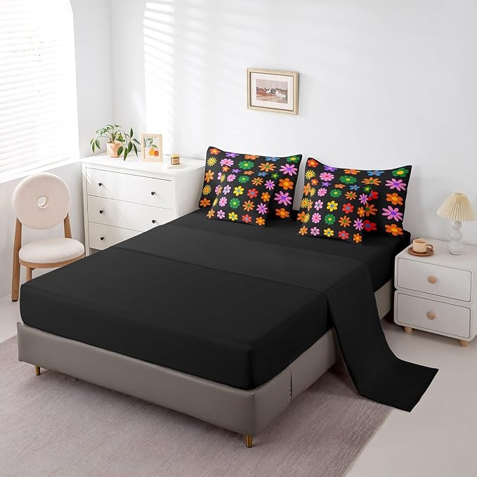 Feelyou Cute Flower 7 Piece Bedding Set Queen Size Colorful Flower Comforter Set with Sheets for Kids Boys Girls Black Colorful Bed in a Bag Kawaii Theme Bed Set - Image 2