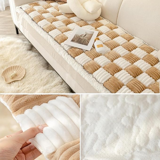 Fluffy Couch Cover for Pets - Large Cream-Coloured Fuzzy Plaid Square Pet Mat Bed Couch Cover Protector - Bay Window Cushion Bedside Carpet (Khaki, 19.7 * 19.7in) - Image 4